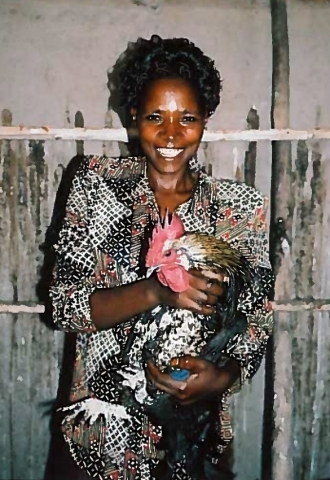 Livestock projects also include poultry projects like this one in Uganda in the 1990s.