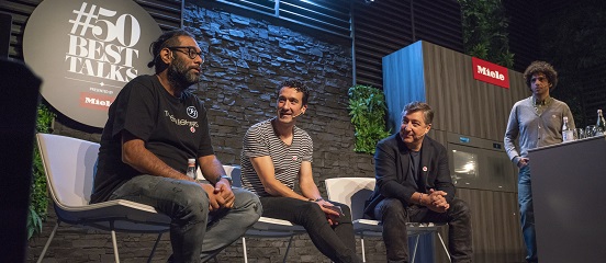 Chefs Gaggan Anand, Joan Roca and Eneko Atxa joining Farm Africa CEO Nicolas Mounard to launch the Chefs for Change movement at the 50 Best Talks.