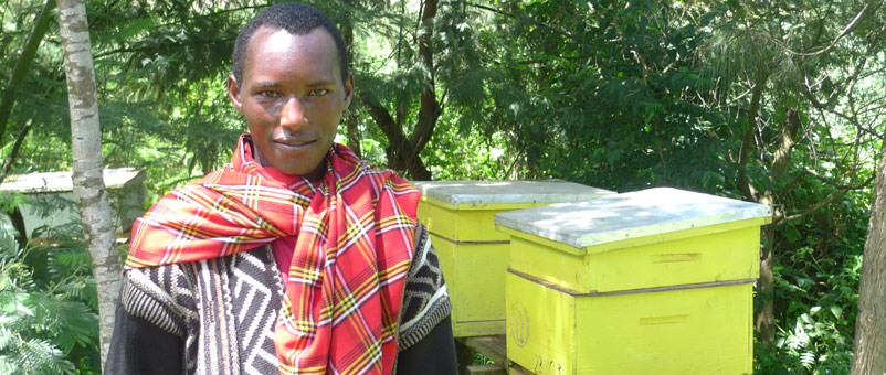 Martin Erro with top-bar beehives provided by Farm Africa to make honey.