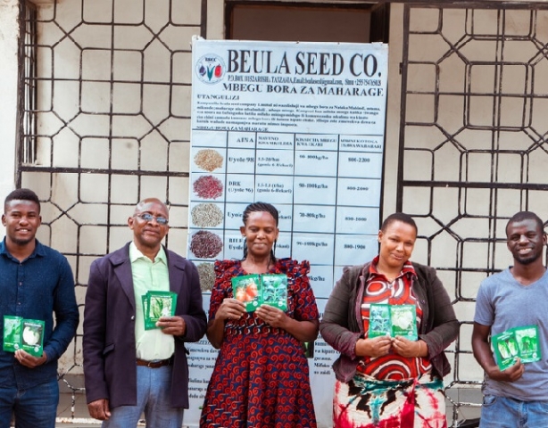 Luseklo Mbwaga (far right), manager of Beula Seed Company, with his colleagues in Arusha, Tanzania. Farm Africa provided support with a business plan, which has helped the company acquire new links to markets. The team have since been able to buy more assets, productivity has increased and more jobs have been created.