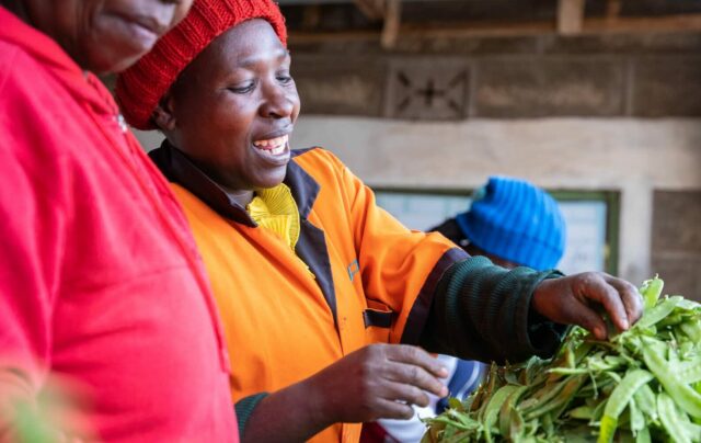 Smallholder farmer Martha sorts green beans at a collection centre in Kenya. Photo: Lisa Murray.