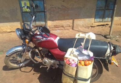 A motorbike bought by the Can Okella farmers group to take their tomatoes to market.